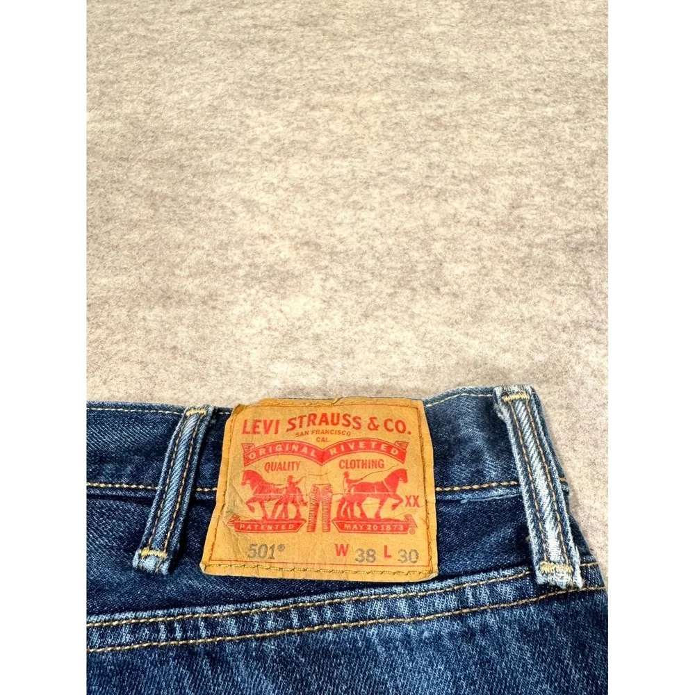 Levis 501 Original Jeans Men 38x30 Blue Denim Dark Wash Logo Straight Leg Cotton